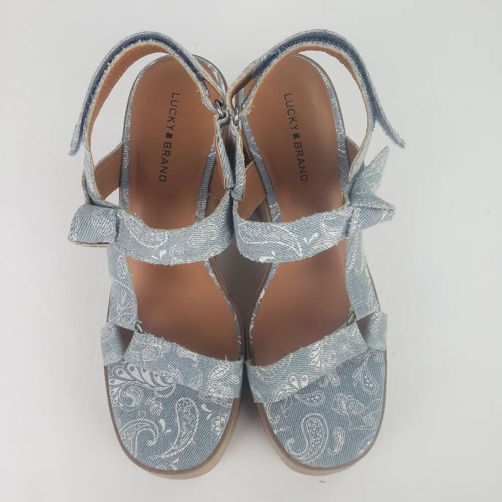 Lucky Brand Demmia wedge platform wood sandal shoe strappy printed denim new 9